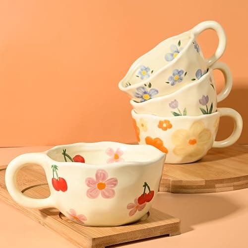 MAKCNMYM Ceramic Coffee Mug Vintage Flower Mugs 8 oz Cute Floral Coffee Mugs Irregular Latte Art Cup Lead-free Porcelain Cups for Cappuccino, Cocoa (4 Pack) thumbnail 5