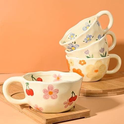 MAKCNMYM Ceramic Coffee Mug Vintage Flower Mugs 8 oz Cute Floral Coffee Mugs Irregular Latte Art Cup Lead-free Porcelain Cups for Cappuccino, Cocoa (4 Pack) thumbnail 6