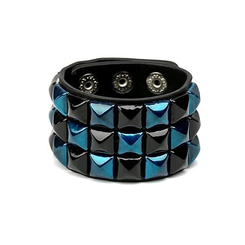 Towefuur Color 3 Row Pyramid Stud Wristband Punk Leather Bracelet Jewelry Bracelet - Blue