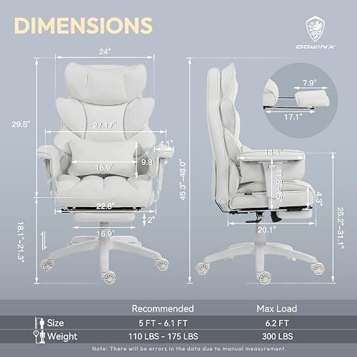 Dowinx Big and Tall Office Chair, High Back PU Leather Computer Gaming Chair with Pocket Spring Cushion, Adjustable Armrests, Lumbar Support, and Footrest –Light White thumbnail 2