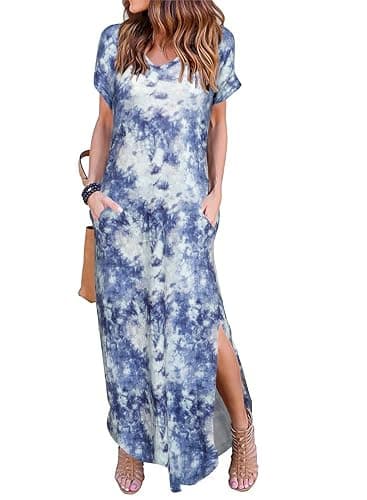 HUSKARY Women's Summer Maxi Dress Casual Loose Pockets Long Dress Short Sleeve Split Maxi Dresses - Image 1