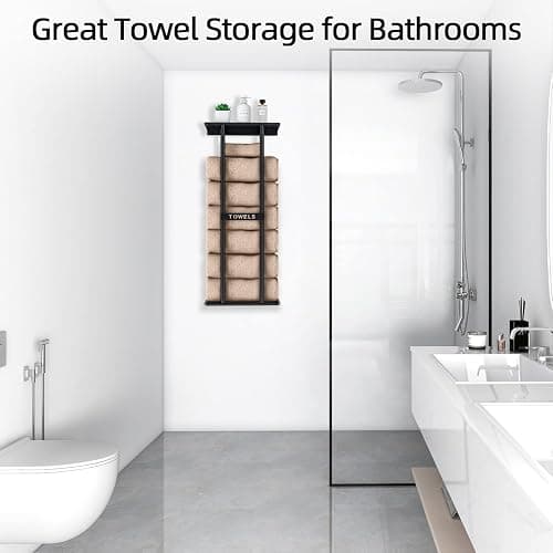 STWWO Towel Racks for Bathroom, Bathroom Towel Storage Wall Mounted 30 inch with Shelf Can Holds 6 Large Towels, Wall Towel Rack for Rolled Towels, Black thumbnail 7