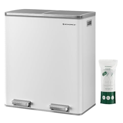 SONGMICS Trash Can, 2 x 8 Gallon (2 x 30 L) Garbage Can for Kitchen, with 15 Trash Bags, 2 Compartments, Plastic Inner Buckets and Hinged Lids, Airtight, White and Gray ULTB60WT - Image 1
