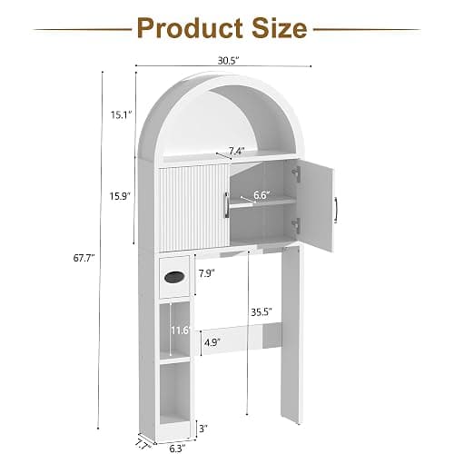 AHB Over The Toilet Storage Cabinet, Freestanding Bathroom Organizer with Adjustable Shelf and Anti-Tip Device, Arched Cabinet with Doors, Space-Saving Toilet Storage for Bathroom, Laundry, Mini Bar - White thumbnail 2