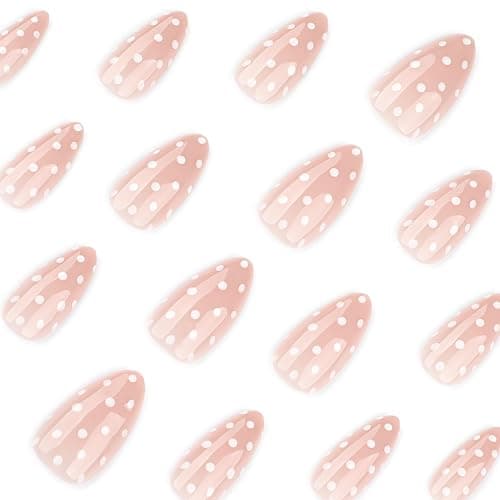 White Polka Dot Press on Nails Almond Fake Nails with Designs Medium Artificial Nails Glossy Cute False Nail Natural Gel Acrylic Glue on Nail Cute Stick on Fingernails for Women Girls 24Pcs thumbnail 3
