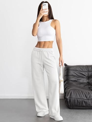 ATHMILE Women's Wide Leg Sweatpants High Waisted Baggy Interior Drawstring Joggers Straight Leg Sweat Pants with Pockets thumbnail 4