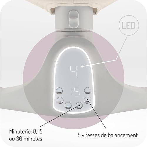 Balancelle MoMi KENANI SAND jusqu'à 9 kg, écran LED, télécommande, Bluetooth pour smartphone, alimentation piles/secteur, harnais de sécurité 5 points, arche et jouets thumbnail 5