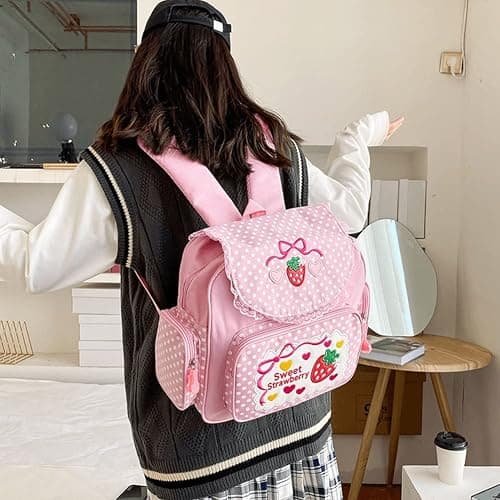 Haowul Japanese Style Kawaii Bookbag Strawberry Mini Backpack Embroidered Strawberry Lace Backpack Cute School Bag for Girl thumbnail 5