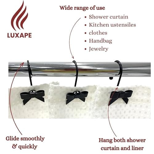 12PCS Decorative Bow Shower Curtain Hooks, Bow Knot Curtain Hooks Shower Rings for Bathroom Room Nursery Art Decors (Bow Knot) (Black) - Black thumbnail 4