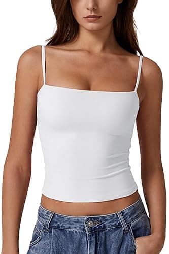 QINSEN Women's Double Lined Basic Tank Top Adjustable Spaghetti Straps Sleeveless Camisole Shirts - Small - White