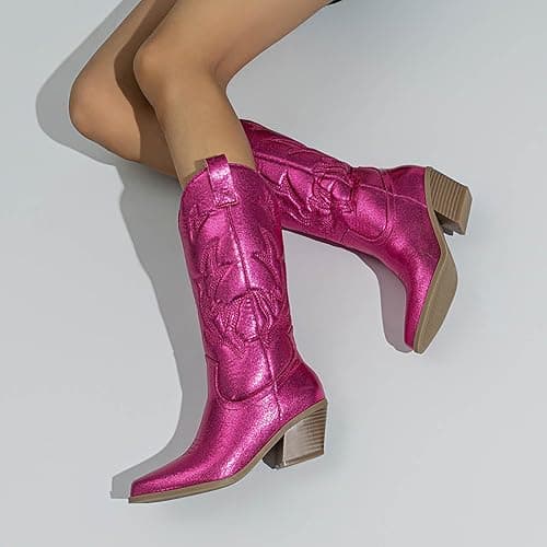 Women's Metallic Cowboy Boots, Embroidery Sparkly Chunky Heel, Western Wide Calf Shoes thumbnail 3