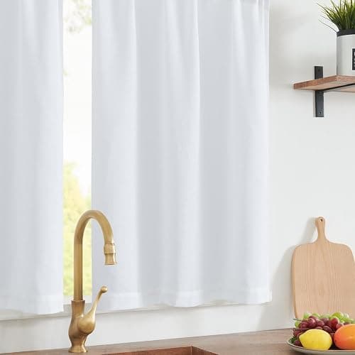 jinchan Linen Textured Tier Curtains 24 Inch for Kitchen Windows Farmhouse Cafe Curtains Small Drapes Rustic Light Filtering Half Window for Living Room Laundry Rod Pocket 2 Panels White thumbnail 8