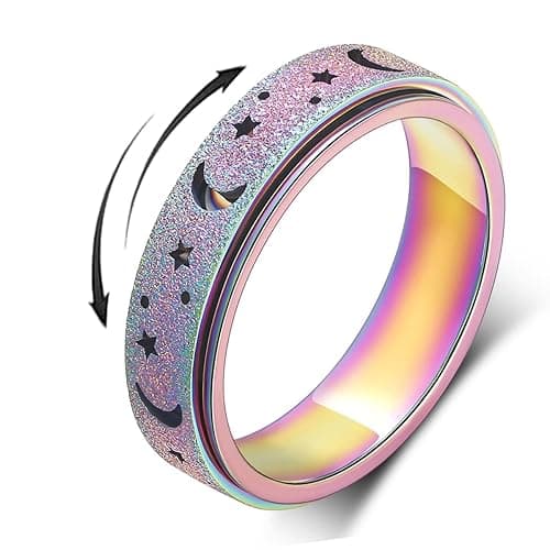 AmorArtSky Anxiety Ring for Women Men, Titanium Stainless Steel Spinner Ring, 5 Colors, 6MM, Size 6-10, 3 Styles Anxiety Ring-Moon Star, Sandblasted Finished, Hollow Outer - Image 1