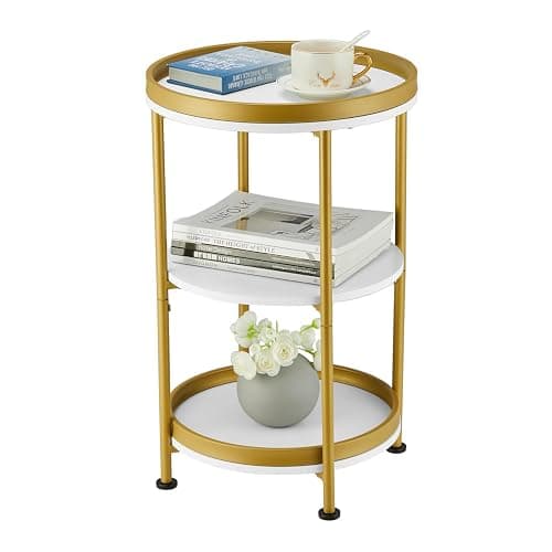 YEAKOO Nordic End Table, 3-Tier Round Side Table with Storage Shelf Edge Protection Tray, Sturdy Metal Frame Coffee Table Bedside Table for Living Room Bedroom Small Spaces (White & Gold) - Image 1