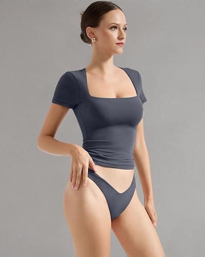 SUUKSESS Women Double Lined Fitted Basic Tee Square Neck Short Sleeve Y2K Crop Top thumbnail 7