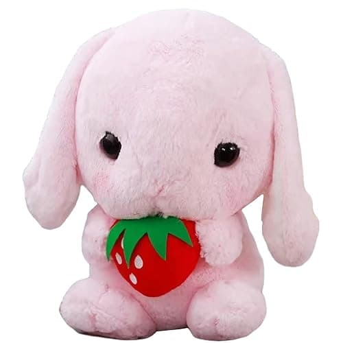 HOUPU Soft Toy - Sitting Lop Eared Rabbit, Easter White Rabbit Stuffed Bunny Animal with Carrot Soft Lovely Realistic Long-Eared Standing Pink Plush Toys (Pink-Strawberry,8.6in/22cm) - Image 1