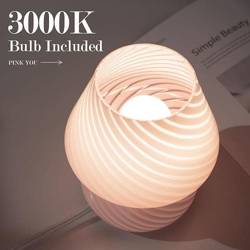 ONEWISH Mushroom Lamp-Small Bedside Table Lamp with Striped Glass, Nightstand Lamp for Bedroom, Living Room, Cafe, Bulb Included, Home Decor for Girls Women, Pink thumbnail 3