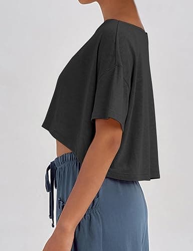 MISSACTIVER Oversized Off The Shoulder Top Short Sleeve, Boat Neck Crop Tee Workout Shirt thumbnail 3