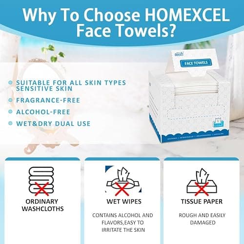 HOMEXCEL Face Towels, 100 Count (2 Box) Disposable Face Towelettes, Biodegradable Makeup Remover Dry Wipes, Super Soft Clean Facial Towels Wash Cloth for Sensitive Skin thumbnail 6