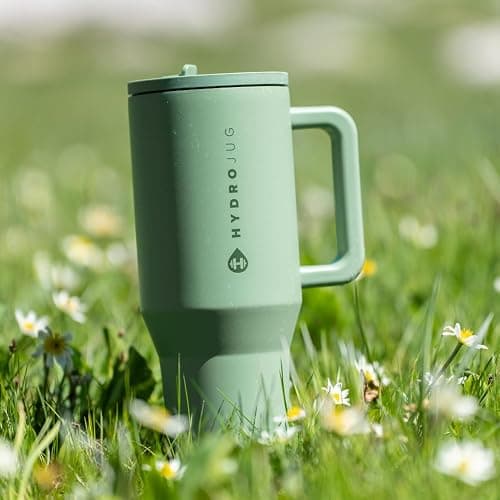 HydroJug Traveler - 40 oz Water Bottle with Handle & Flip Straw - Fits in Cup Holder, Leak Resistant Tumbler-Reusable Insulated Stainless Steel & Rubber Base - Gifts for Women & Men, Sage thumbnail 2