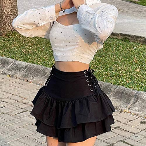 XKBHYD Womens Ruffle Tie Close Skirts Black Mini Skirt High Waist Goth Punk Skirt Girls Pleated Skirt Summer thumbnail 2