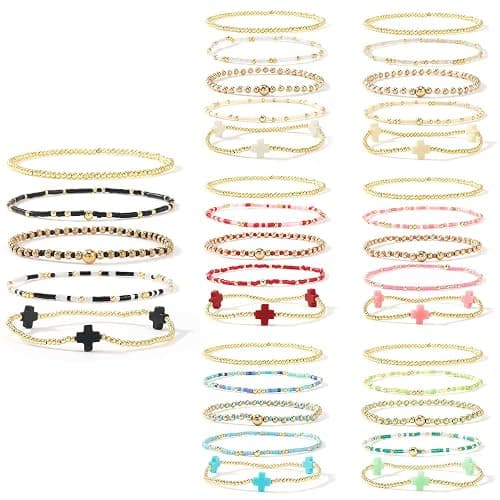 SHINUS BOHO 5Pcs Gold Plated Cross Beaded Bracelets Stack Set for Women,Stretch Stackable Boho Colorful Beads Ball Jewelry Friendship Summer Daily Wear Trendy thumbnail 8