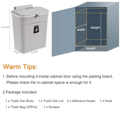 Tiyafuro 2.4 Gallon Kitchen Compost Bin for Counter Top or Under Sink, Hanging Small Trash Can with Lid for Cupboard/Bathroom/Bedroom/Office/Camping, Mountable Indoor Compost Bucket, Gray thumbnail 2