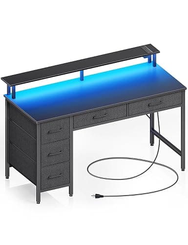 Seventable Computer Desk with Power Outlets & LED Light, 47 inch Home Office Desk with 5 Drawers, Writing Desk with Monitor Stand, Work Desk for Home Office, Black - Image 1