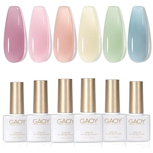 GAOY Jelly Green Spring Summer Gel Nail Polish Set, 6 Transparent Colors Sheer Blue Pink Nude Soak Off UV Light Cure Gel Polish Kit for Salon and Nail Art DIY at Home - Image 1