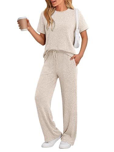 LILLUSORY 2 Piece Lounge Sets for Women Sweater Sets Airport Travel Outfits 2025 Sweat Suits Matching Wide Leg Pants - Image 1