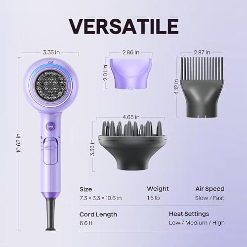 Wavytalk Blow Dryer with Diffuser, Blown Away Ionic Hair Dryer for Curly Hair with Comb, 1875W Fast Drying Blow Dryer with Ceramic Technology, 3 Attachments for All Hair Types, Light and Quiet, Purple thumbnail 6