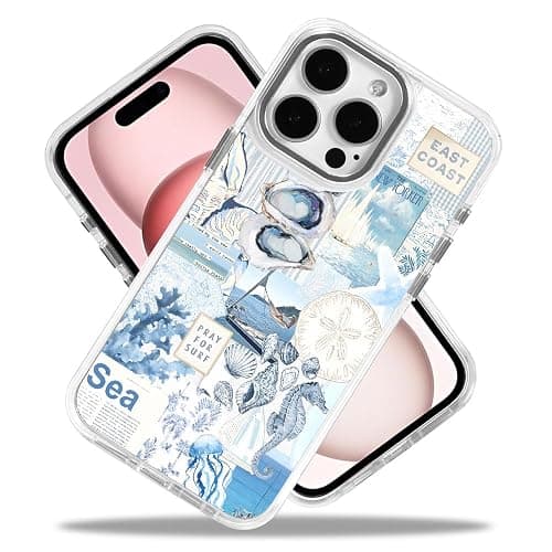 TnXee Cases for iPhone 15 Pro,Compatible with MagSafe,Classic Clear Shockproof Protection Magnetic Phone Case - Seashell Ocean Blue Retro Collage thumbnail 2
