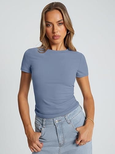 Trendy Queen Womens Basic T Shirts Summer Tops 2025 Crop Short Sleeve Slim Fit Tee Cute Gym Workout Clothes - Medium - Lightblue thumbnail 2