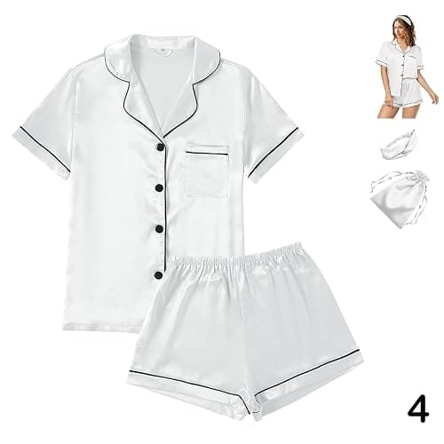 4Pcs Womens Satin Silky Pajama Sets Short Sleeve Shirt XS-4XL Floral Pajamas Set Soft PJ Loungewear Sleepwear thumbnail 3