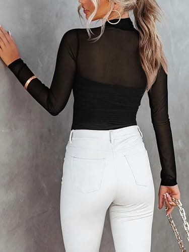 Dressmine Women's Sheer Mesh Top Floral Mock Turtle Neck Sexy Long Sleeve Double Layer Ruched Going Out Tops thumbnail 3