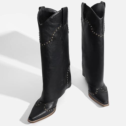 RONILURN Women Shark Boots Fold Over Mid Calf Chunky Heel Snip Toe Cowboy Cowgirl Pull On Studded Boots for Women thumbnail 4