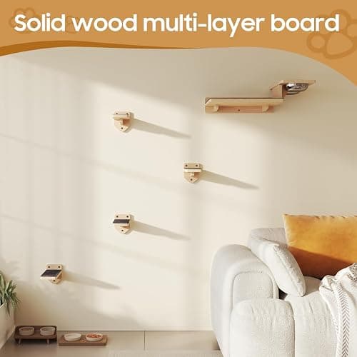 MeowHomm Cat Wall Shelves, Wood Cat Feeding Shelf with 4 Non-Slip Steps, 2 Food Bowls, Wall-Mounted Furniture for Kittens thumbnail 4