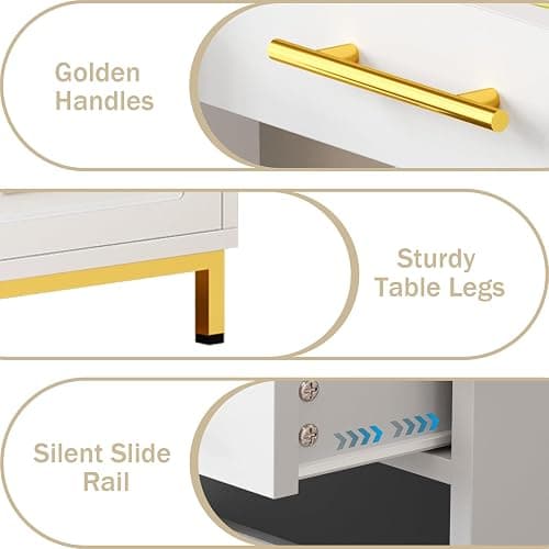 4 EVER WINNER White Desk with Drawers, 48 Inch Small Desks with Power Outlet and Side Shelf, Wood Computer Desk with Storage for Small Spaces, Study, Bedroom, White and Gold thumbnail 3