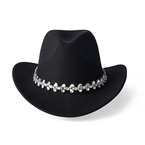 EOGIMI Glitter Rhinestones Cowboy Hats for Women Wide Brim Felt Western Cowgirl Hat with Bling Diamond Band thumbnail 2