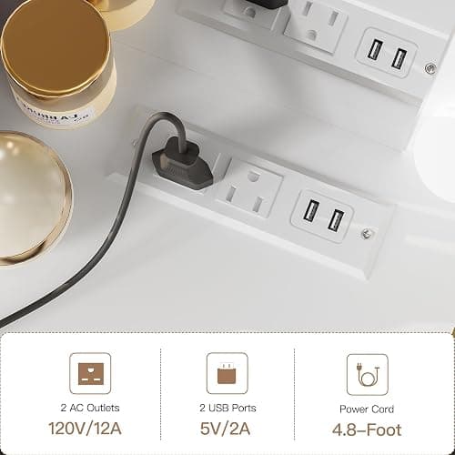 usikey 47.2" Large Vanity Desk with Lighted Mirror, 14 Lights, Makeup Vanity Table with 5 Large Drawers & Charging Station, Makeup Vanity Desk, Vanity Table Set for Bedroom, White thumbnail 5