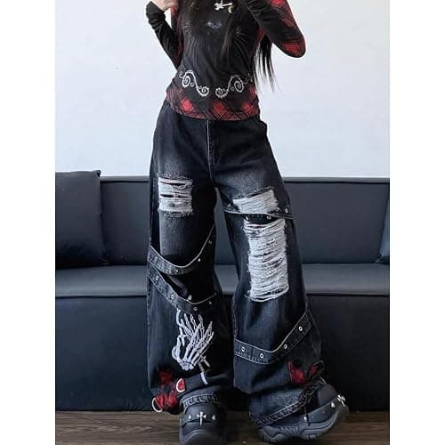 Y2K Ripped Grunge Baggy Jeans Pants Emo Women Goth Straight Leg Pants High Waist Alt 2000s Trousers Clothes thumbnail 5