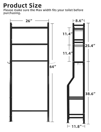 Livilord 3-Tier Over The Toilet Storage, Freestanding Metal Bathroom Shelves with 4 Hooks, Over Toilet Storage Shelf with Paper Holder, Above The Toilet Shelf for Bathroom Storage, Black thumbnail 3