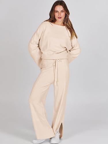 ANRABESS Womens 2 Piece Outfits Oversized Knit Sweater Set Wide Leg Pant Cozy Lounge Matching Pajama Sets 2025 Trendy Clothes thumbnail 4