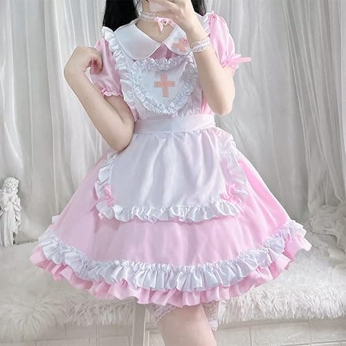 Ulalaza Gothic süße Mädchen Prinzessin Puppenkragen Spitze Schürze Retro Rüschentaschen mit Kopfschmuck Französisch Maid Kostüm thumbnail 3