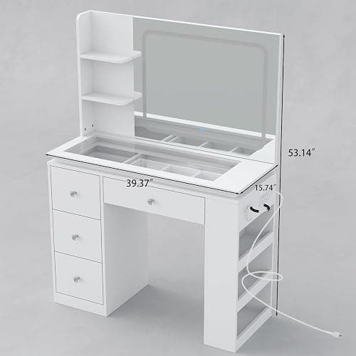 HuaYing White Vanity Desk with Illuminated Mirror & Power Outlet, Bedroom Dresser LED Mirror Stepless Dimmable & 3 Color Modes Adjustable RGB Drawers, for Women Girls Bedroom（Pure White thumbnail 2