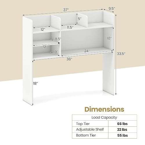Tangkula Desktop Bookshelf for Computer Up to 32”, 37” Countertop Storage Hutch with 6 Storage Shelves, 3-Tier Desktop Organizer Display Rack, Wooden Desk Hutch for Dorm Home Office (White) thumbnail 2