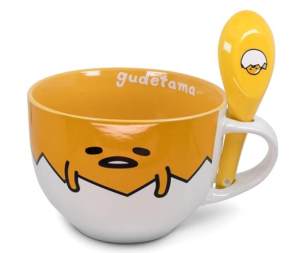 Silver Buffalo Gudetama Dangerous Situations Boxed Ceramic Soup Mug w/Spoon, 24-Ounce - Image 1