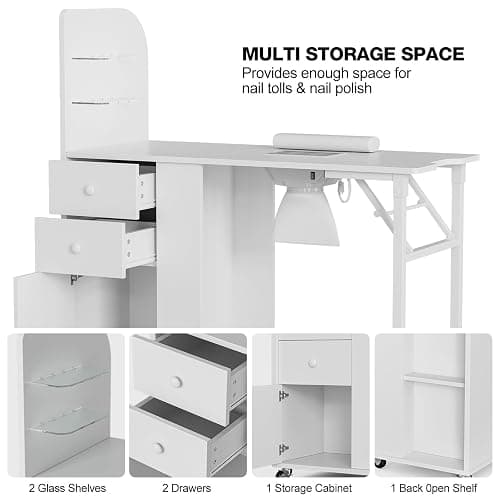 Paddie Foldable Manicure Nail Table with Glass Shelf, Folding Nail Tech Desk w/Dust Collector, 2 Open Shelves & 2 Drawers, Wrist Pad, Lockable Wheels, Storage Desk for Nail Tech（White） thumbnail 6
