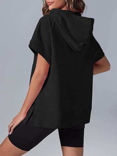 Fisoew Womens Oversized Half Zip Hoodies Short Sleeve Casual Sweatshirts Pullover Tops with Pockets thumbnail 2