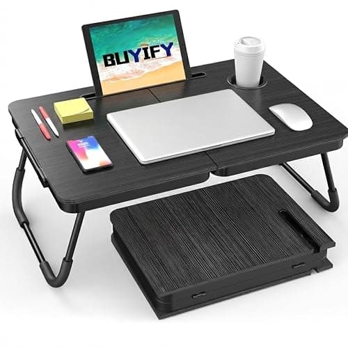 BUYIFY Portable Foldable Laptop Desk for Bed and Couch, Adjustable Lap Desk with Cup Holder and Phone Holder, Ideal for Working, Reading, Writing, and Breakfast (Black)-USA Original Patent - Image 1
